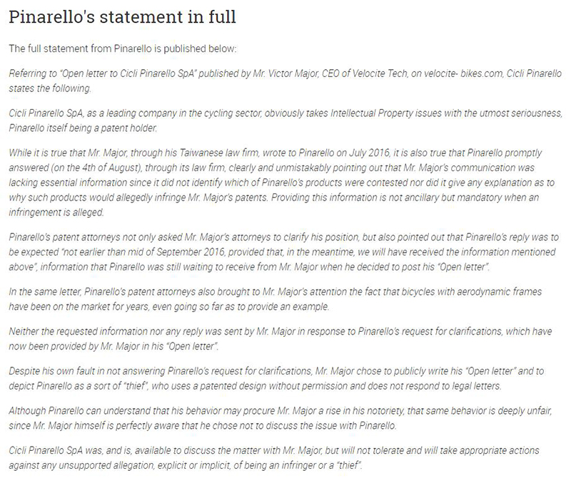 Pinarello正式回应专利抄袭为不实指控