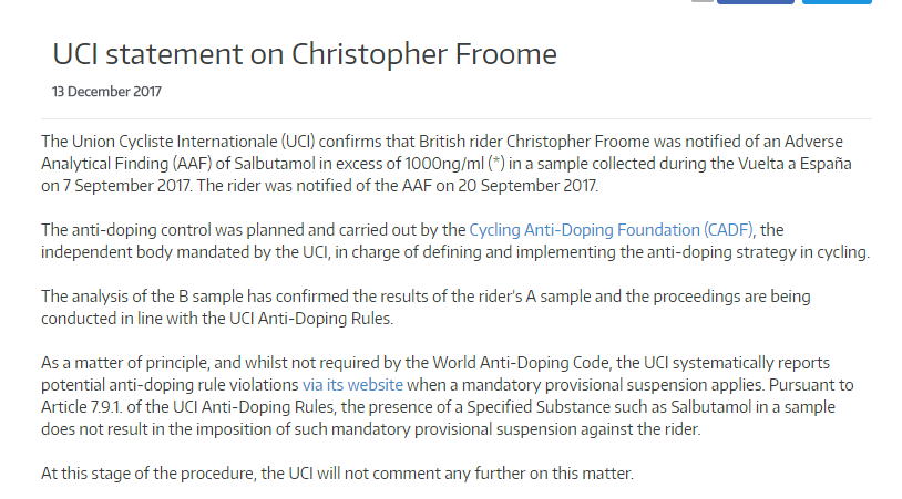 UCI通报弗鲁姆环西尿检沙丁胺醇超标 表哥或面临禁赛