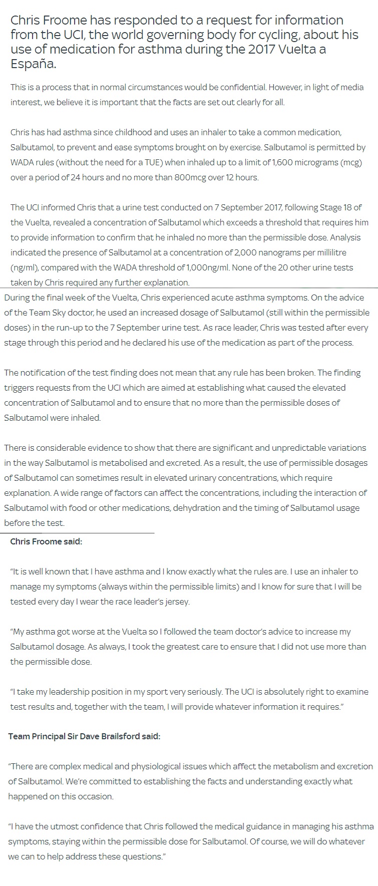 UCI通报弗鲁姆环西尿检沙丁胺醇超标 表哥或面临禁赛