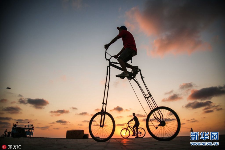 实在是高！巴勒斯坦男子自制2米高自行车