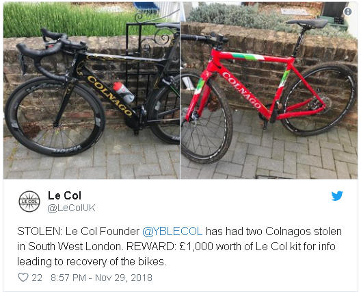 Le Col创始人Colnago被盗 提供信息将奖励1000英镑套装