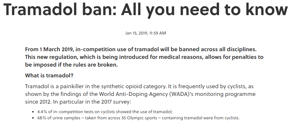UCI禁止使用曲马多 三月一日起生效