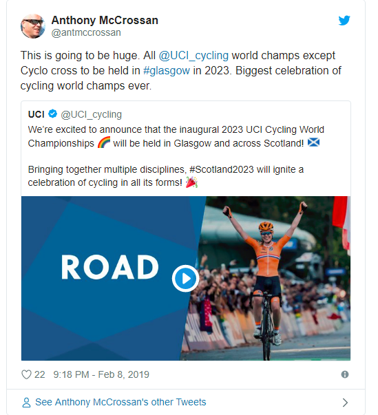 格拉斯哥将举办首届UCI自行车世锦赛