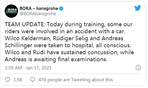 三人住院！博拉车队七名骑手在训练过程中被撞