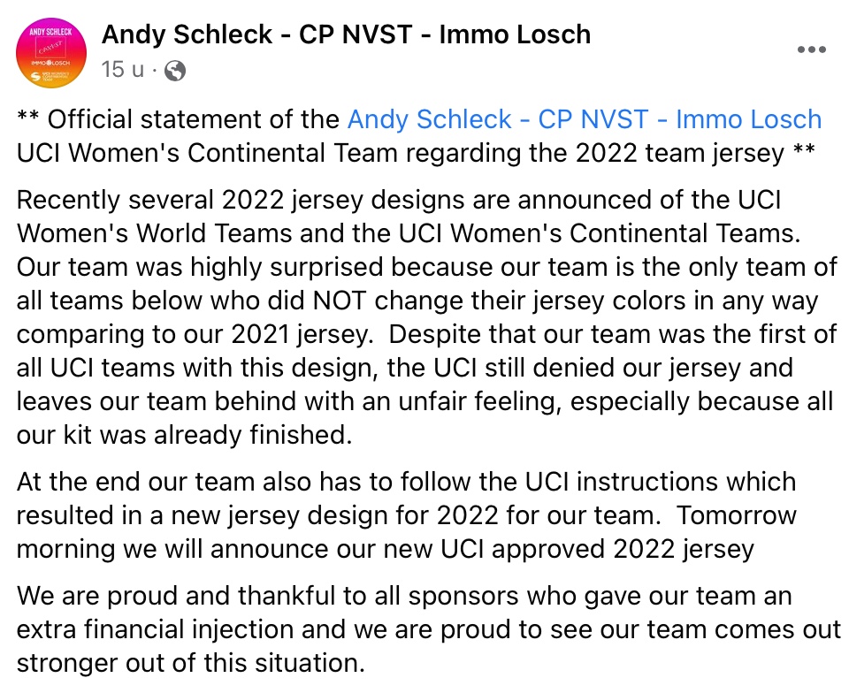 队服设计过于相似 UCI要求安迪史莱克女子车队改款