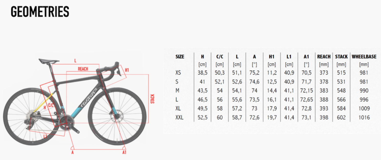 wilier garda车架设有6种尺寸 ,从xs到xxl,以满足不同身高客户的需求