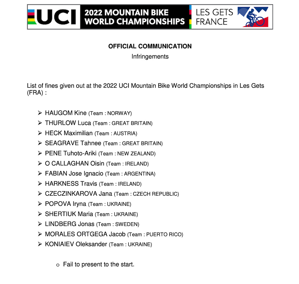 报名未参赛 山地世锦赛14名车手被UCI罚款